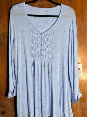 Kim Rogers Henley Blouse Womens Sz L Light Blue Long Cuffed Sleeves Honey Comb